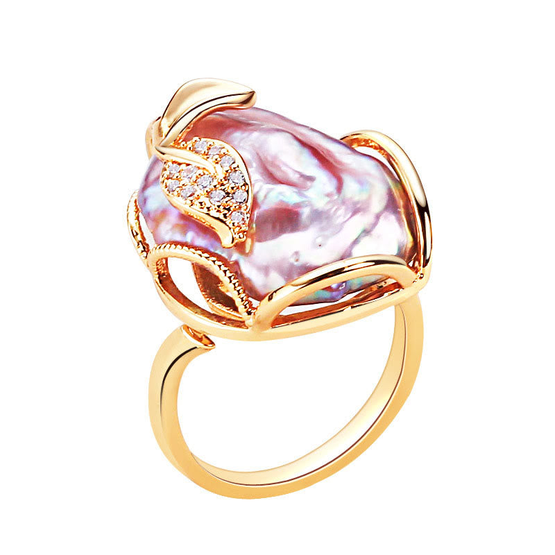 Adjustable Pearl Copper Plated Gold Flower Ring for Wealth & Happiness