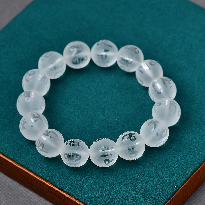 8mm White Crystal Om Mani Padme Hum Meditation Bracelet