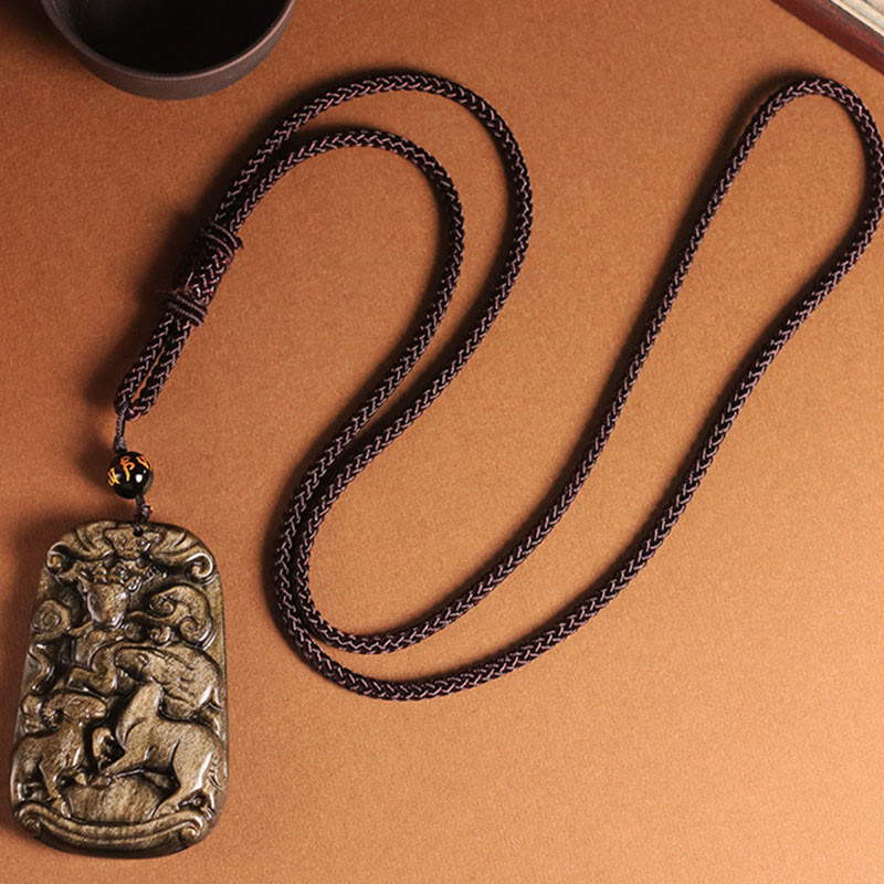 Gold Sheen Obsidian Three Goats Luck Pendant Necklace