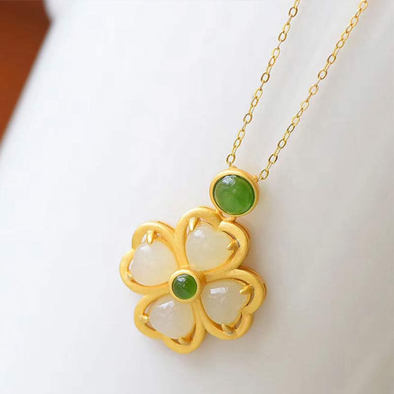 925 Sterling Silver Lucky Four Leaf Clover Jade Necklace | Prosperity & Luck