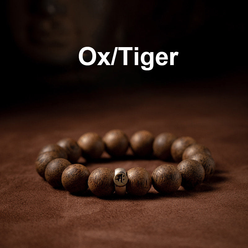 Bracelet de paix en bois d'agar naturel avec perles de 12 mm et symbole du zodiaque chinois