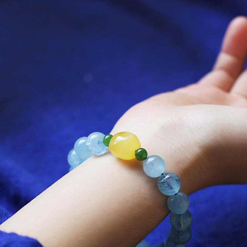 Natural Aquamarine Amber Serenity Healing Bracelet 8mm