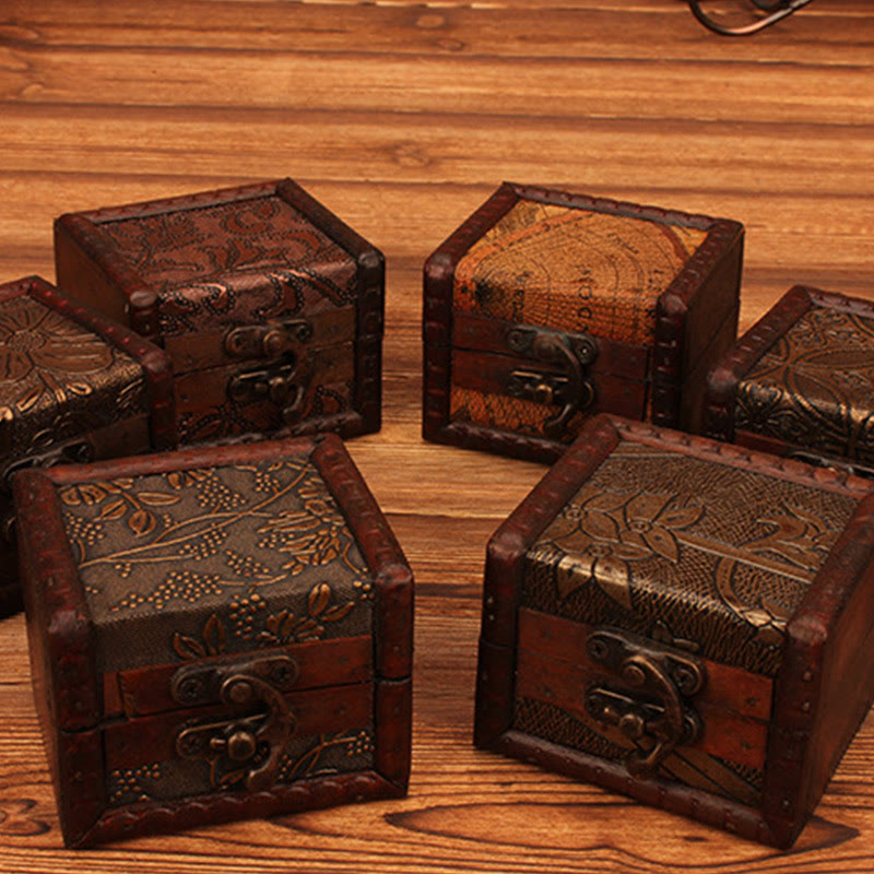 Retro Small Square Wood Jewelry Box with Lotus Design