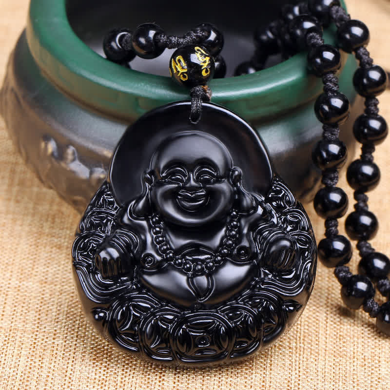 Black Obsidian Laughing Buddha Strength Protection Necklace