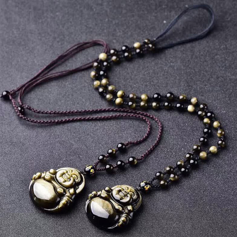 Gold Sheen Obsidian Laughing Buddha Wealth Necklace Pendant