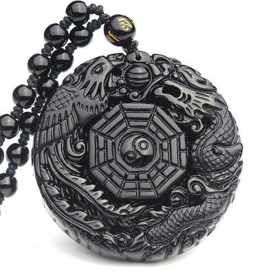 Collier pendentif en obsidienne Bagua Dragon Phoenix Accomplissement