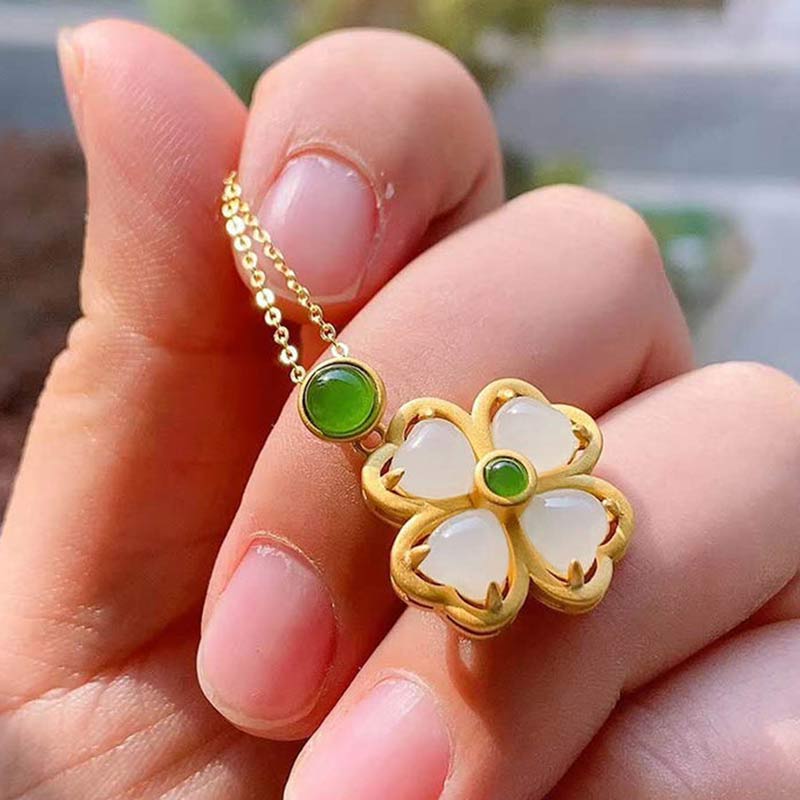 925 Sterling Silver Lucky Four Leaf Clover Jade Necklace | Prosperity & Luck