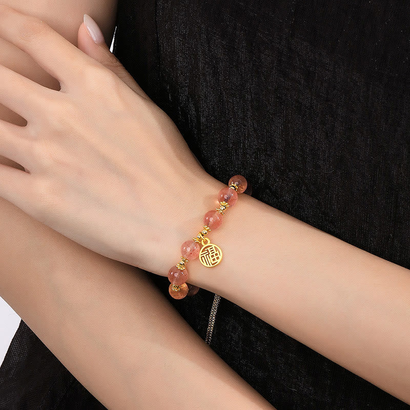Strawberry Quartz Fu Character Spiritual Bracelet 15-18cm