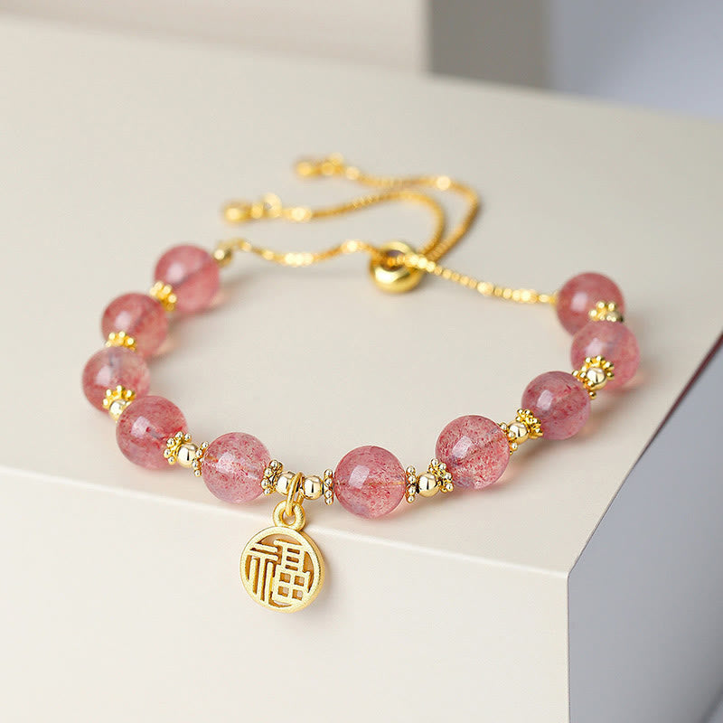 Strawberry Quartz Fu Character Spiritual Bracelet 15-18cm