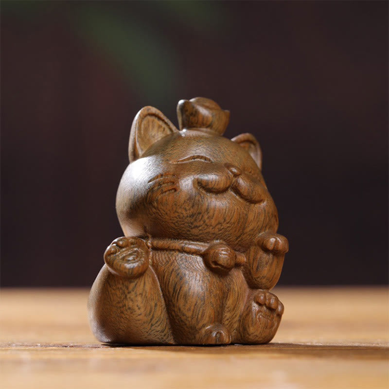 Statue de chat porte-bonheur en bois de santal vert de 5 cm pour la paix et la prospérité