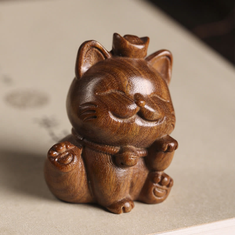 Statue de chat porte-bonheur en bois de santal vert de 5 cm pour la paix et la prospérité