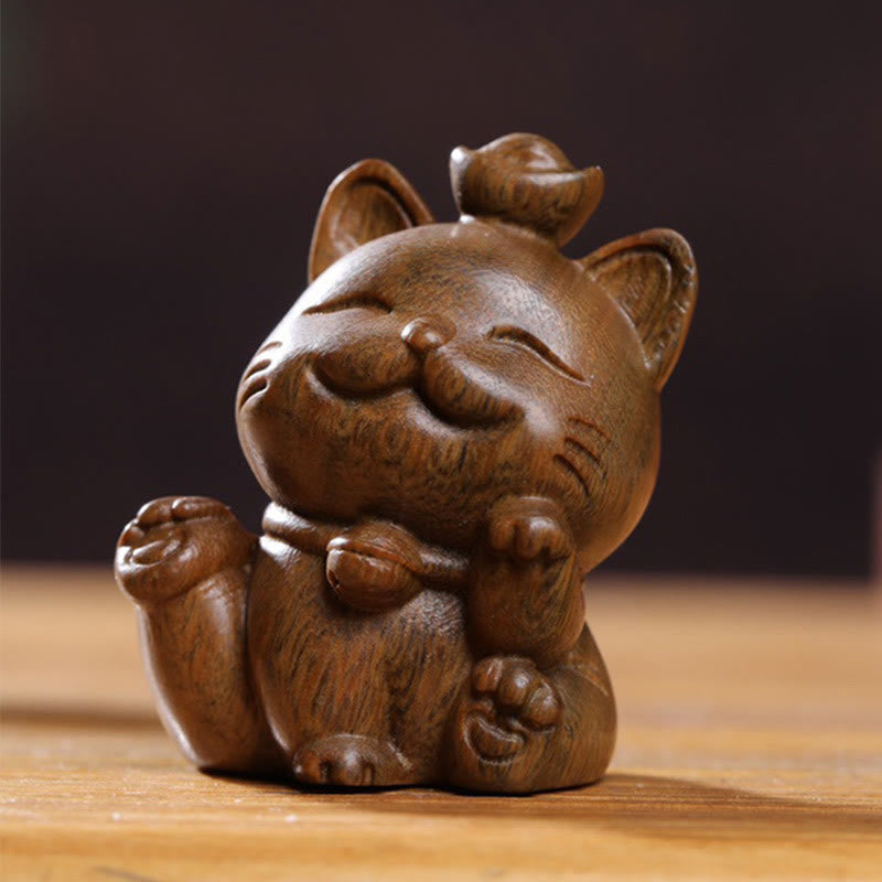 Statue de chat porte-bonheur en bois de santal vert de 5 cm pour la paix et la prospérité