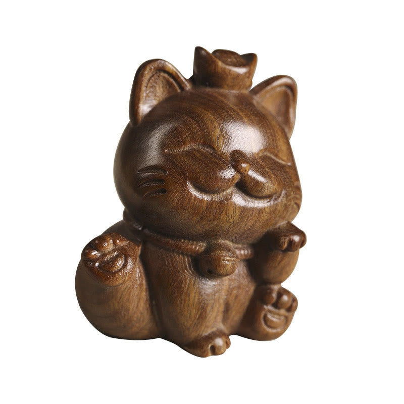 Statue de chat porte-bonheur en bois de santal vert de 5 cm pour la paix et la prospérité