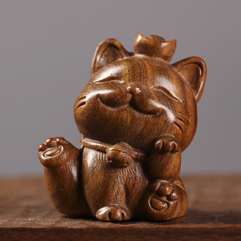 Statue de chat porte-bonheur en bois de santal vert de 5 cm pour la paix et la prospérité