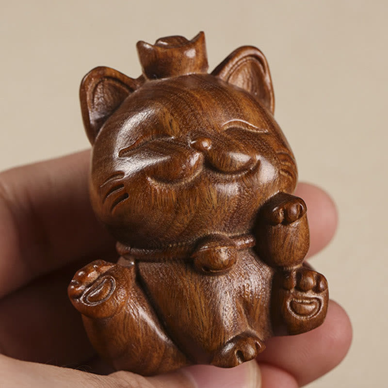 Statue de chat porte-bonheur en bois de santal vert de 5 cm pour la paix et la prospérité