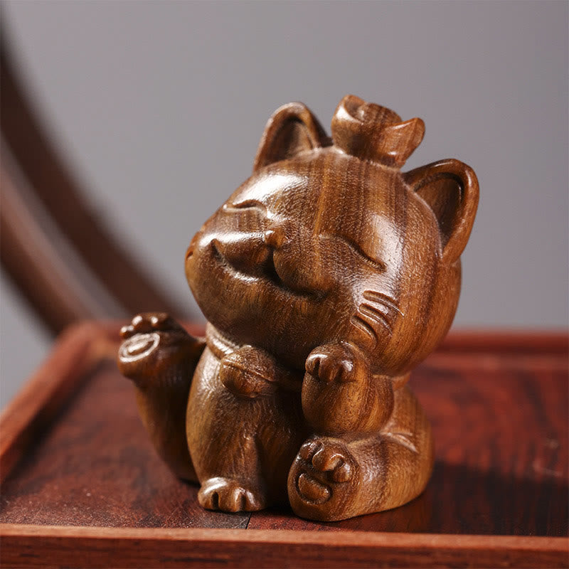 Statue de chat porte-bonheur en bois de santal vert de 5 cm pour la paix et la prospérité