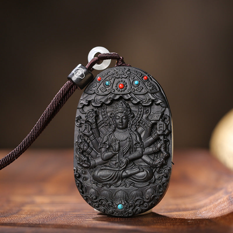 Collier en bois d'agar avec pendentif Om Mani Padme Hum et signe du zodiaque chinois