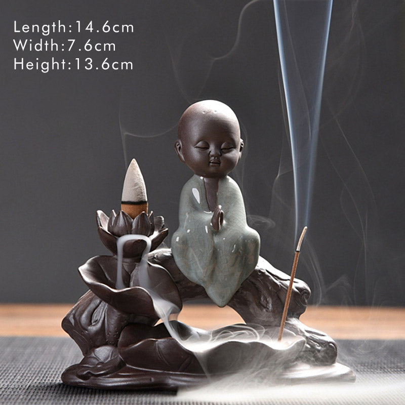 Ceramic Lotus Blessing Incense Burner with Little Monk