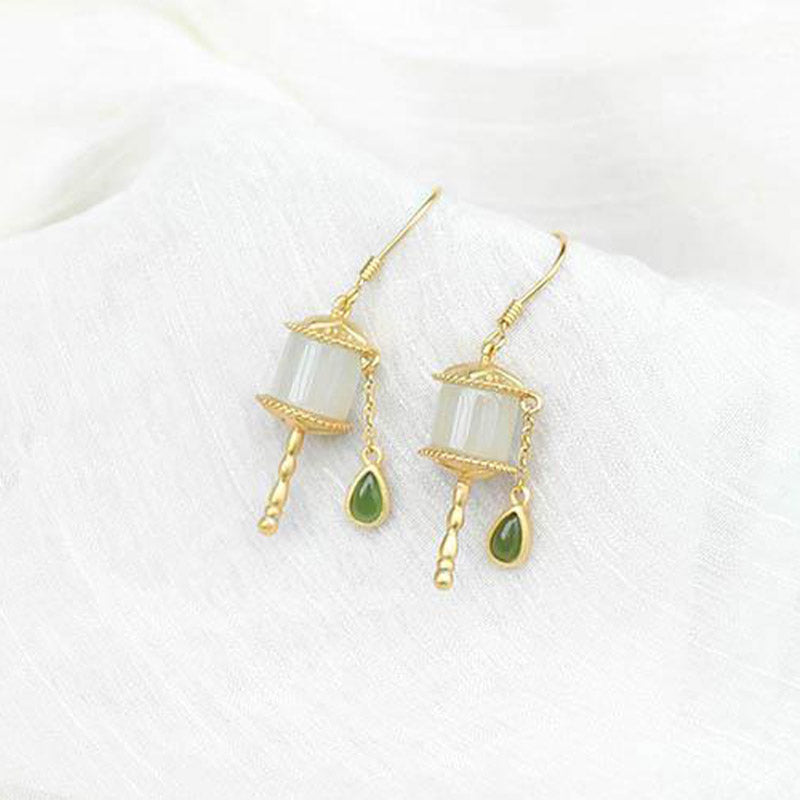 38mm Jade & 925 Sterling Silver Drop Earrings for Luck