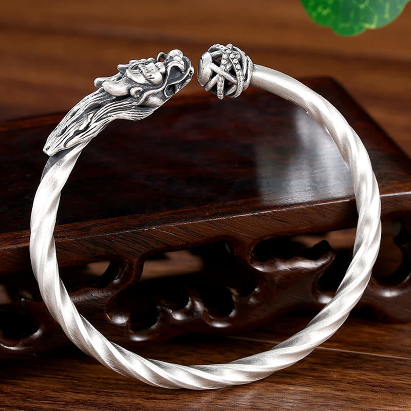 999 Sterling Silver Dragon Luck Strength Cuff Bracelet