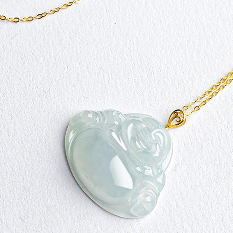 Collier pendentif Bouddha rieur en jade, or 18 carats, pour l'abondance