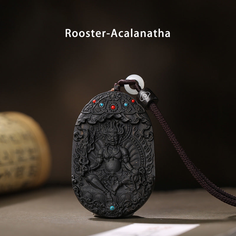Collier en bois d'agar avec pendentif Om Mani Padme Hum et signe du zodiaque chinois