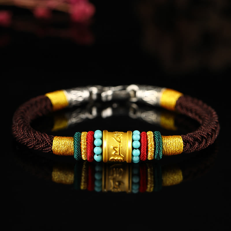 999 Gold Om Mani Padme Hum Handmade Eight Thread Peace Knot Bracelet