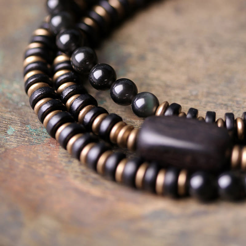 Rainbow Obsidian Ebony Wood Triple Wrap Healing Bracelet