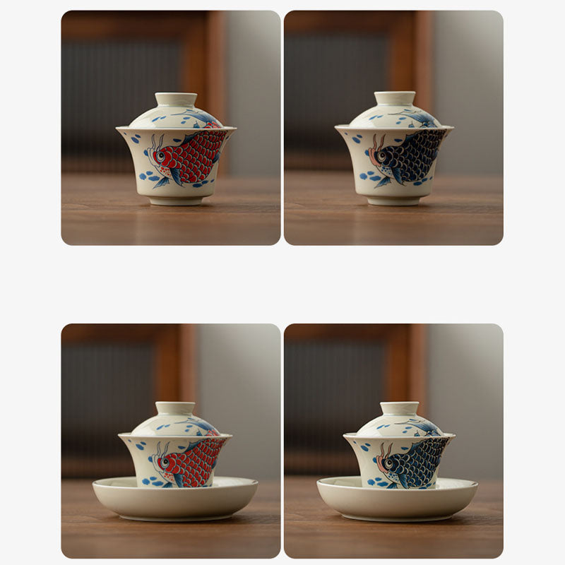 Red Ceramic Koi Fish Gaiwan Teacup 130ml for Tea Rituals
