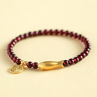 Bracelet de purification en grenat de 5 mm avec breloque poisson et Fu en argent sterling