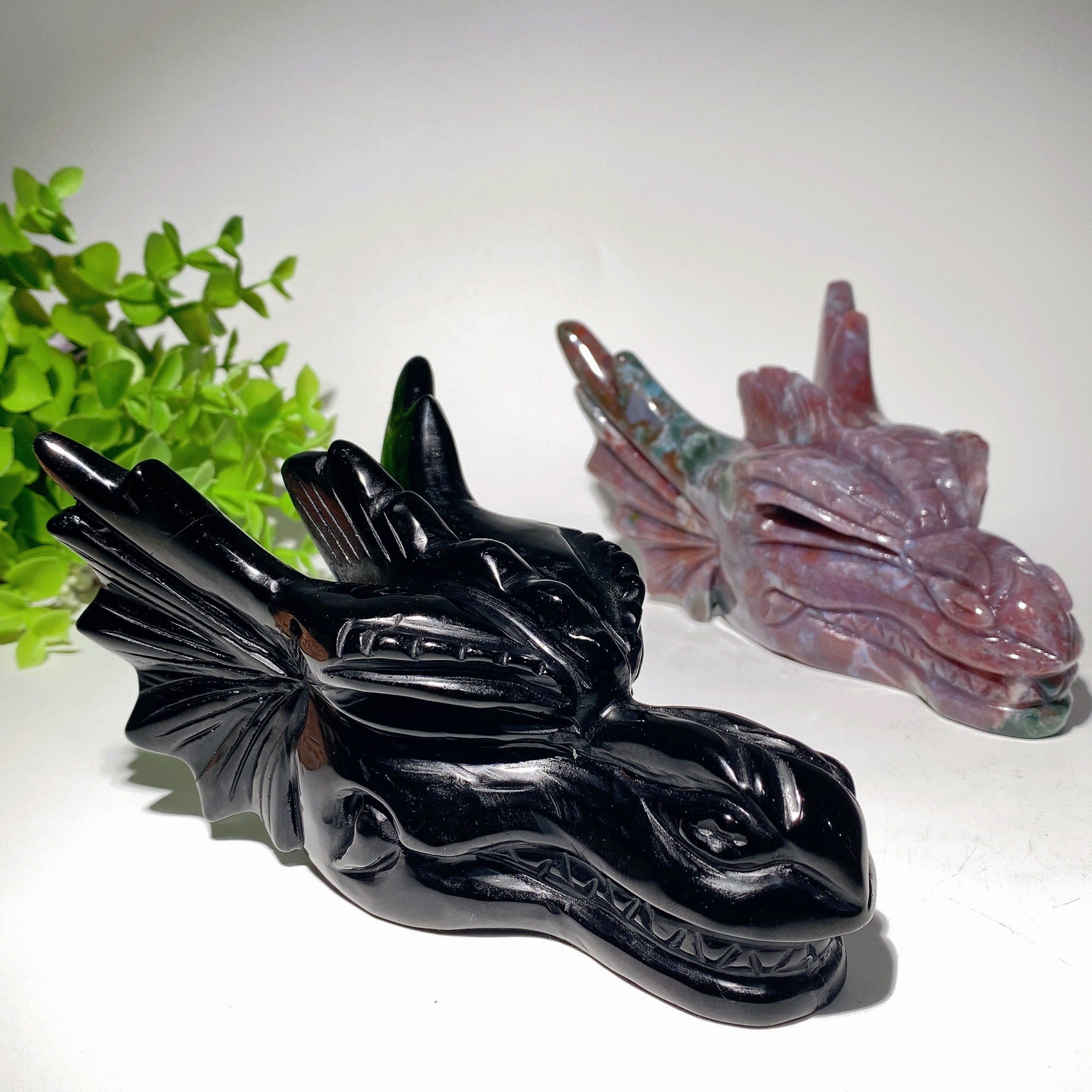 6.5-inch Black Obsidian Ocean Jasper Crystal Dragon Head Carving