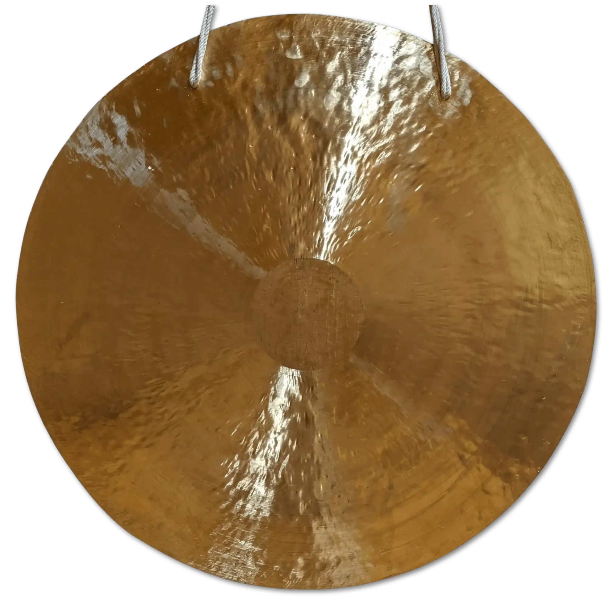 A round, golden-hued gong with a hammered texture and two white ropes for hanging.