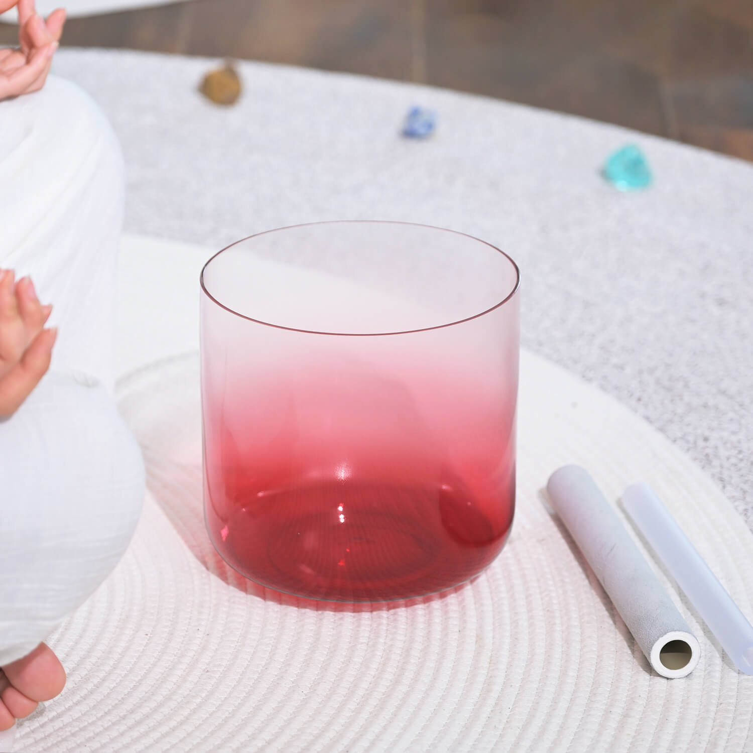 Gradient pink glass tumbler with clear top and dark red bottom for meditation healing