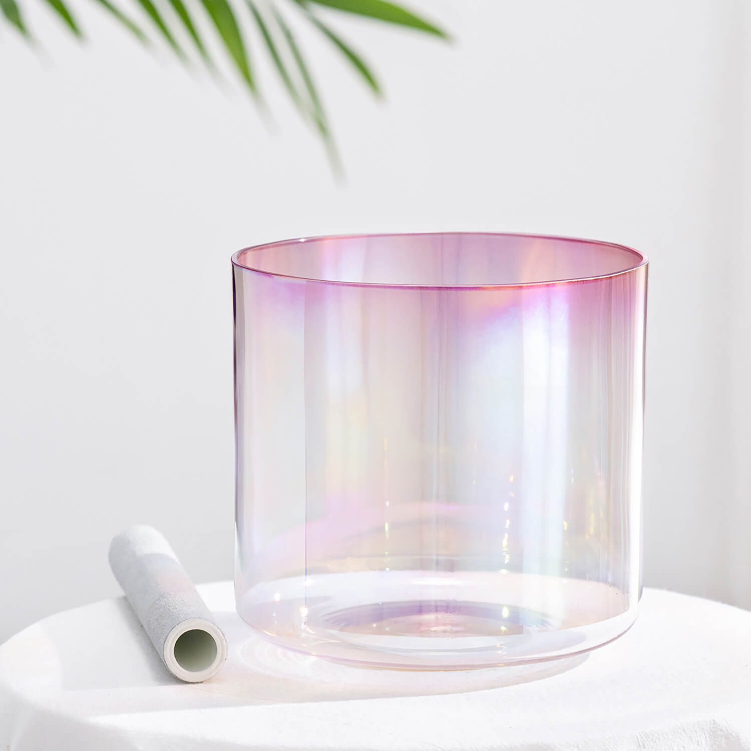 Iridescent Pink Aura Quartz Singing Bowl for Meditation with a pink-tinted rim