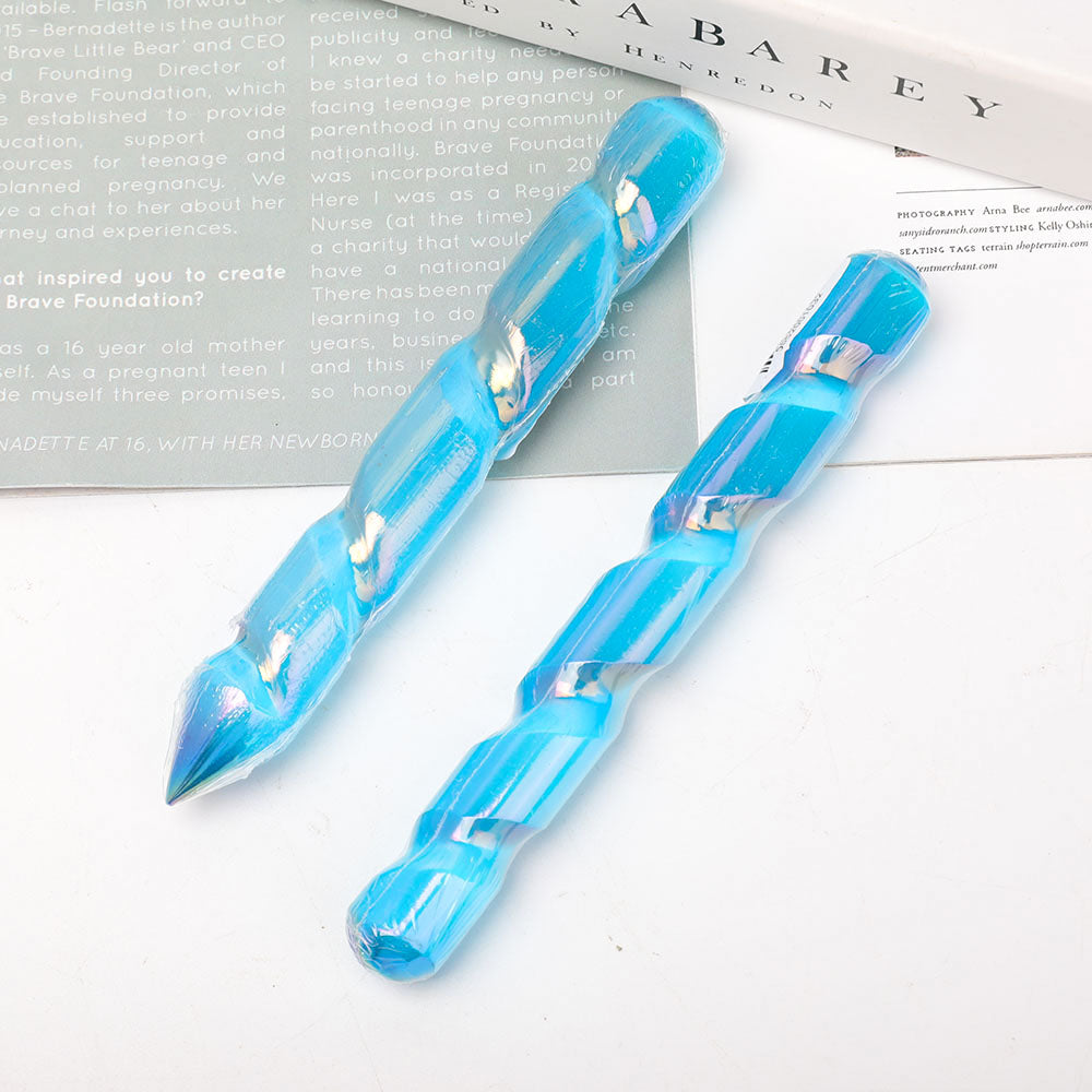 6" Aura Blue Spiral Selenite Crystal Wand Healing Energy