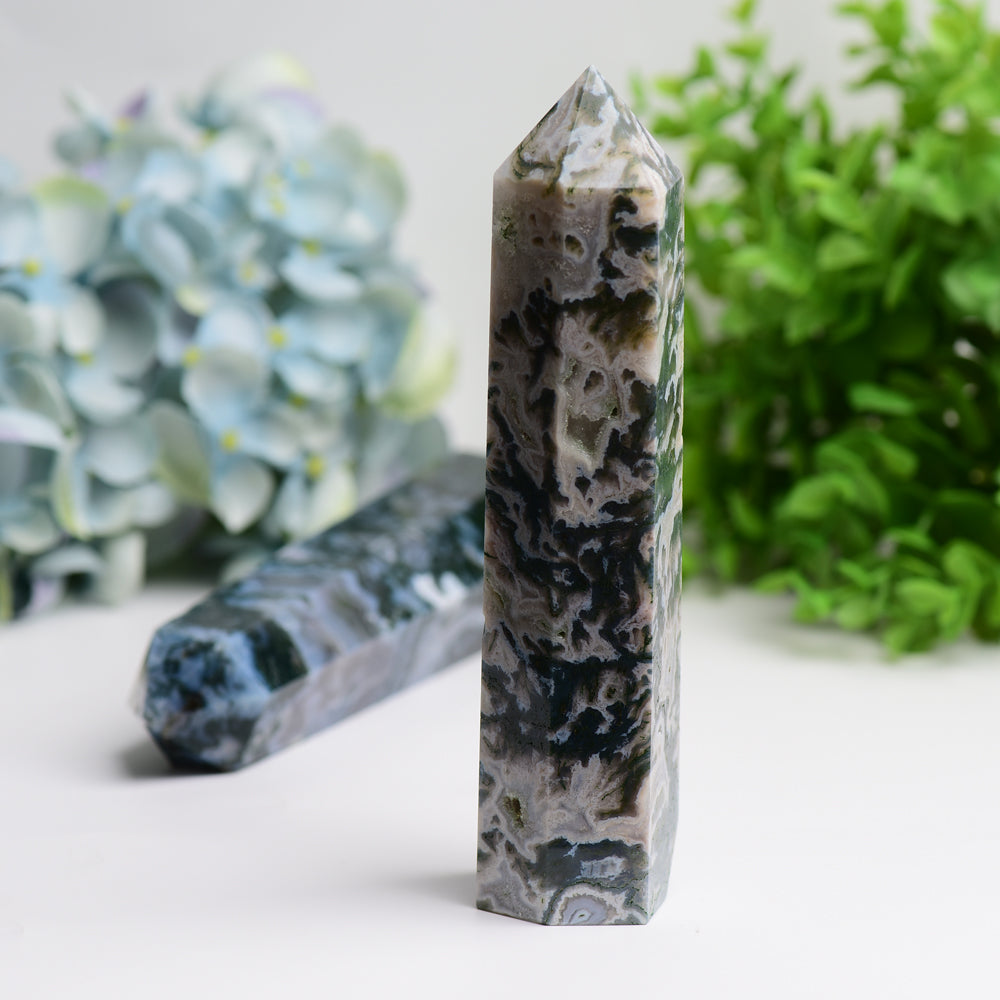 6-inch Moss Agate Crystal Tower for Healing & Energy Balance
