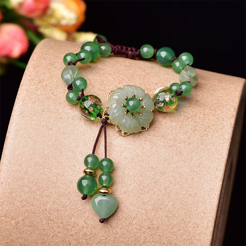 Unisex Green Jade Luck Flower Charm Bracelet 6-10mm Beads