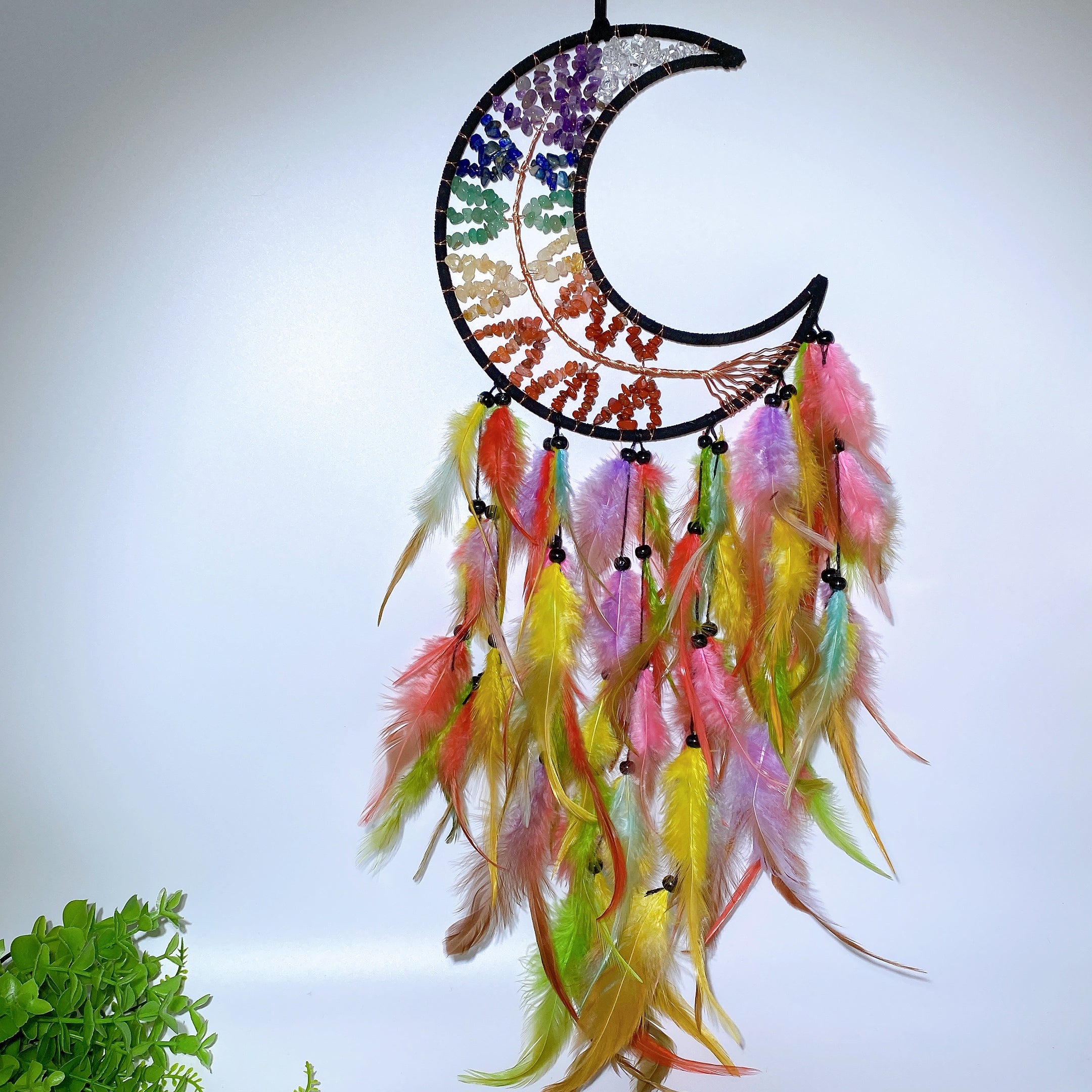 60cm Mixed Crystal Chips Moon Shape Dreamcatcher for Crystal Decor