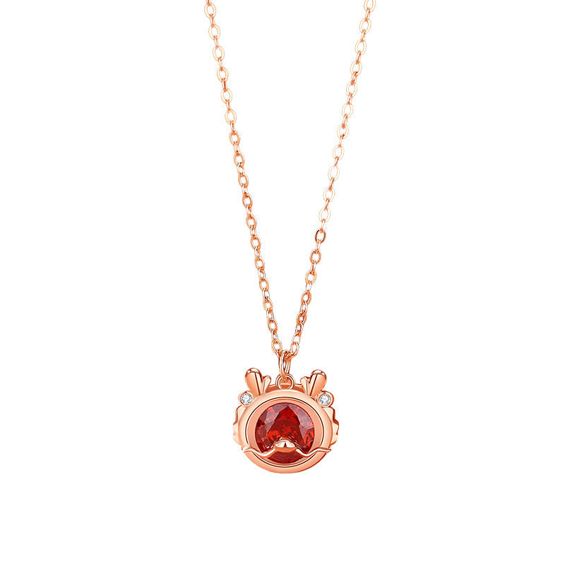925 Sterling Silver Dragon Necklace with Red Zircon for Luck