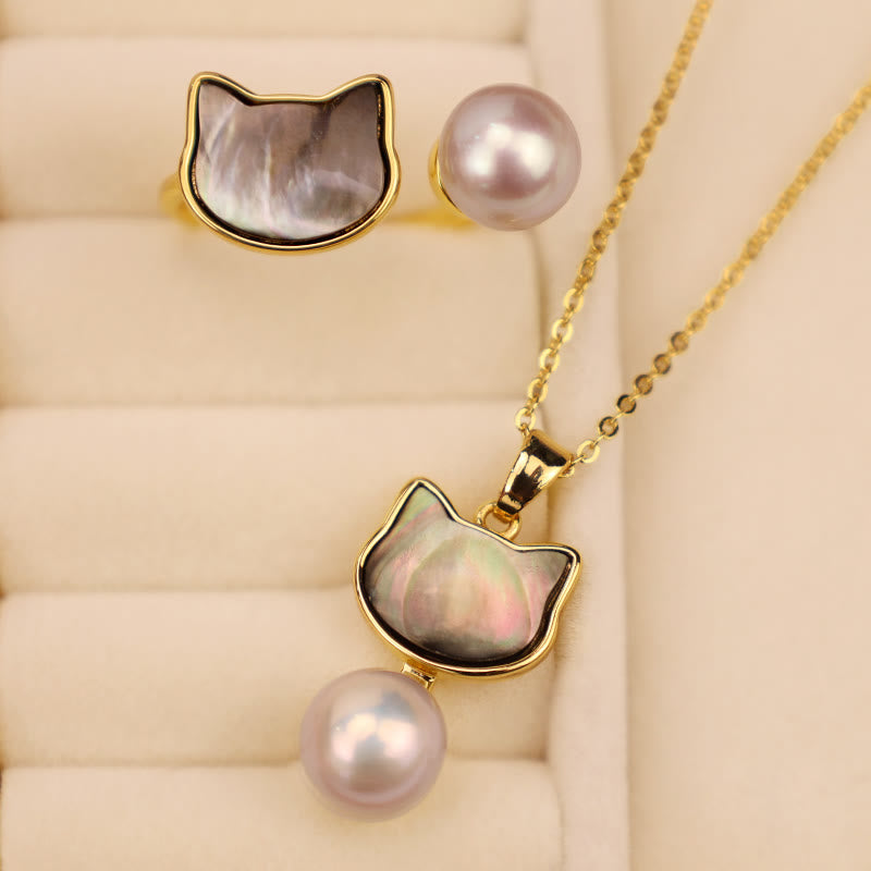 Natural Pearl Copper Cat Healing Necklace & Earrings Set
