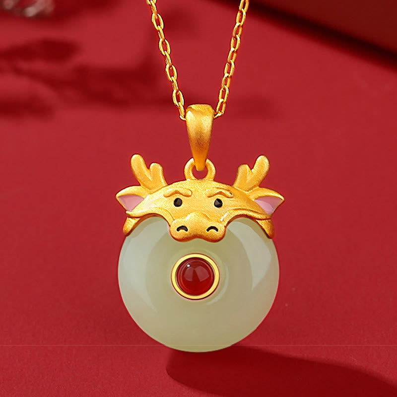 925 Sterling Silver Hetian Jade Dragon Necklace for Luck & Protection