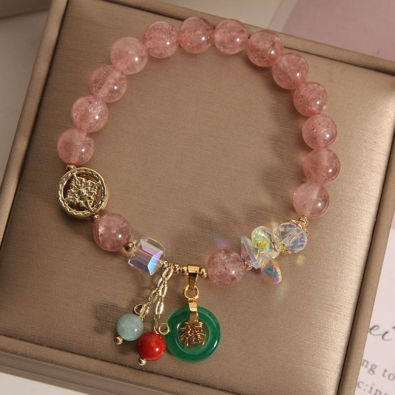 8mm Strawberry Quartz Jade Fu Blessing Healing Bracelet