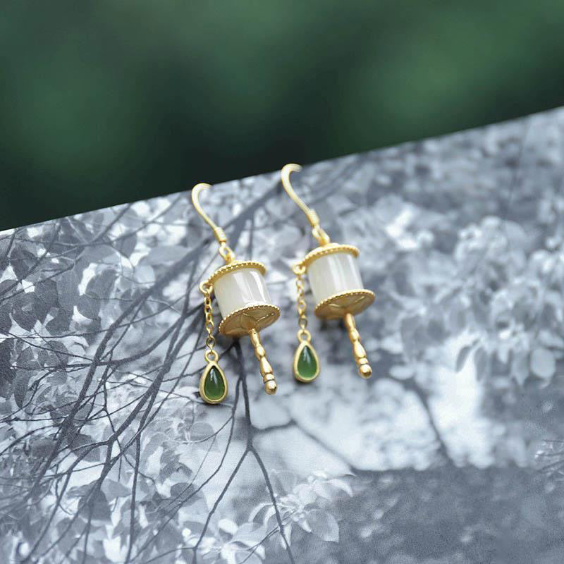 38mm Jade & 925 Sterling Silver Drop Earrings for Luck