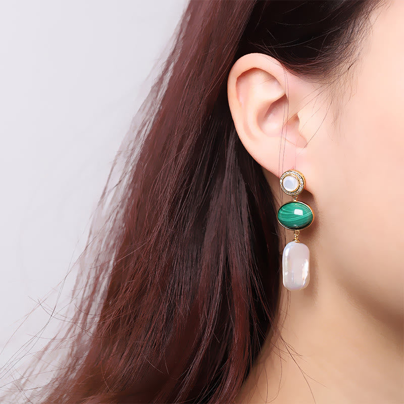 925 Sterling Silver Malachite Baroque Pearl Healing Wisdom Drop Earrings