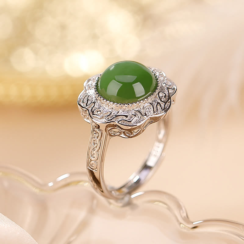 Adjustable 925 Sterling Silver Hetian Cyan Jade Luck Ring