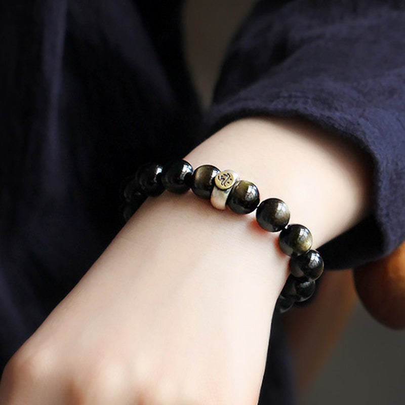 8mm Obsidian Purification Bracelet with Zodiac Buddha