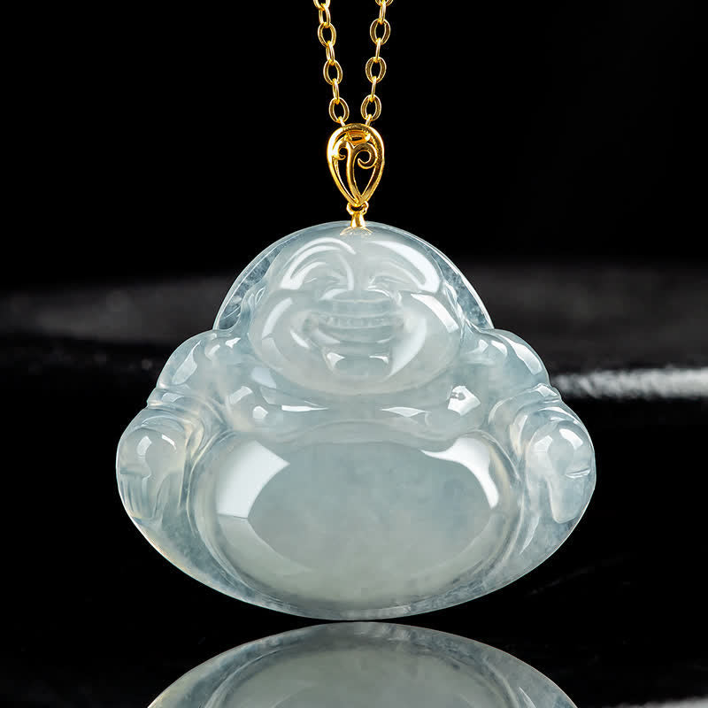 Collier pendentif Bouddha rieur en jade, or 18 carats, pour l'abondance