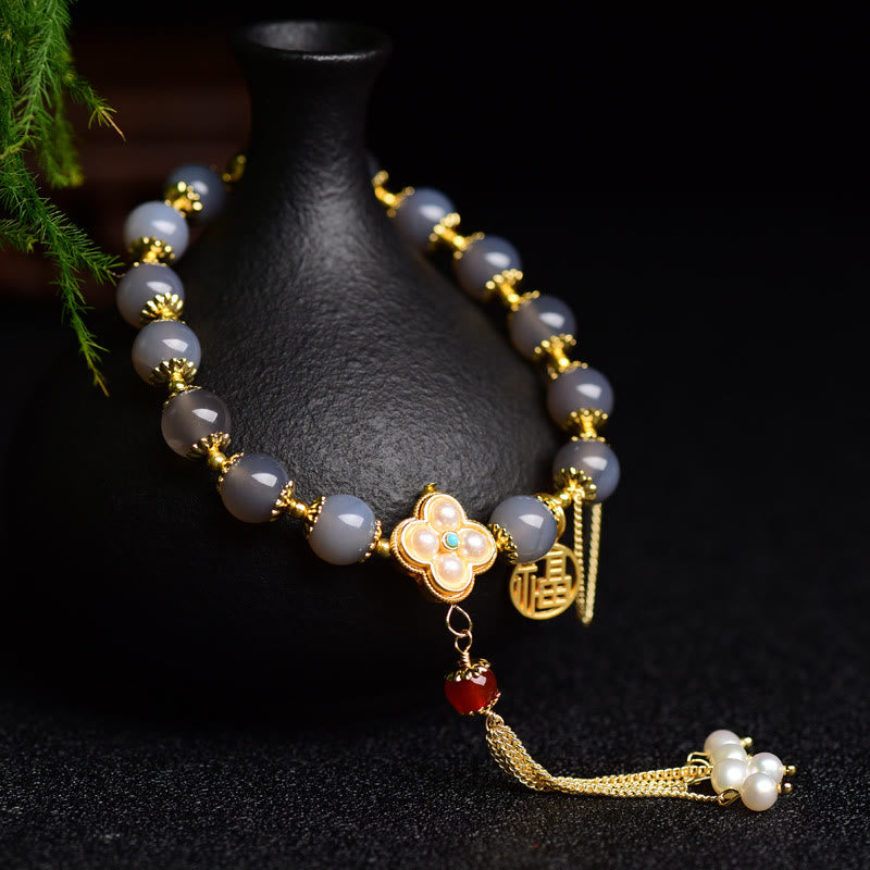 8mm Gray Agate Fu Character Balance Bracelet