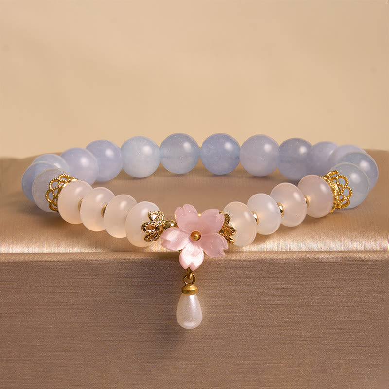 Aquamarine White Agate Flower Healing Bracelet 14cm