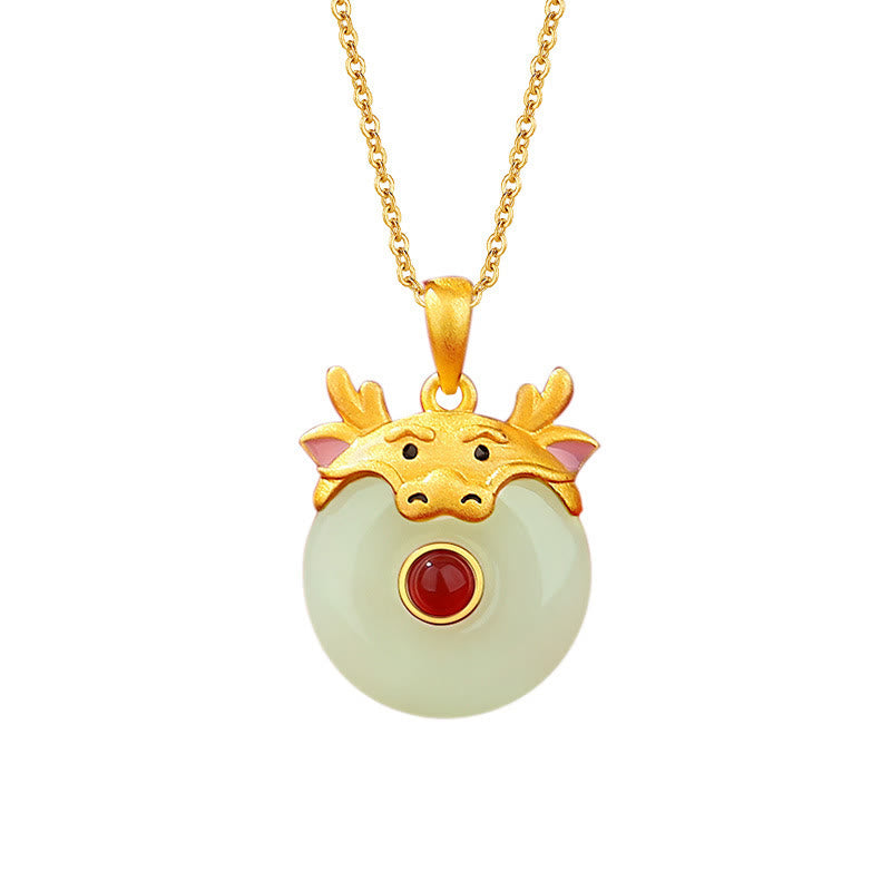 925 Sterling Silver Hetian Jade Dragon Necklace for Luck & Protection